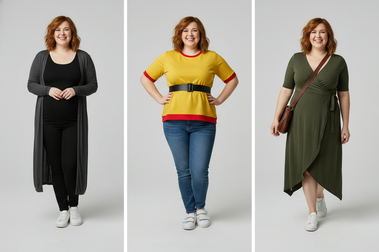 plus size жінка з фігурою «яблуко» у трьох образах — довга вертикаль (кардиган), горизонтальний акцент (пояс), діагональ (сукня на запах).