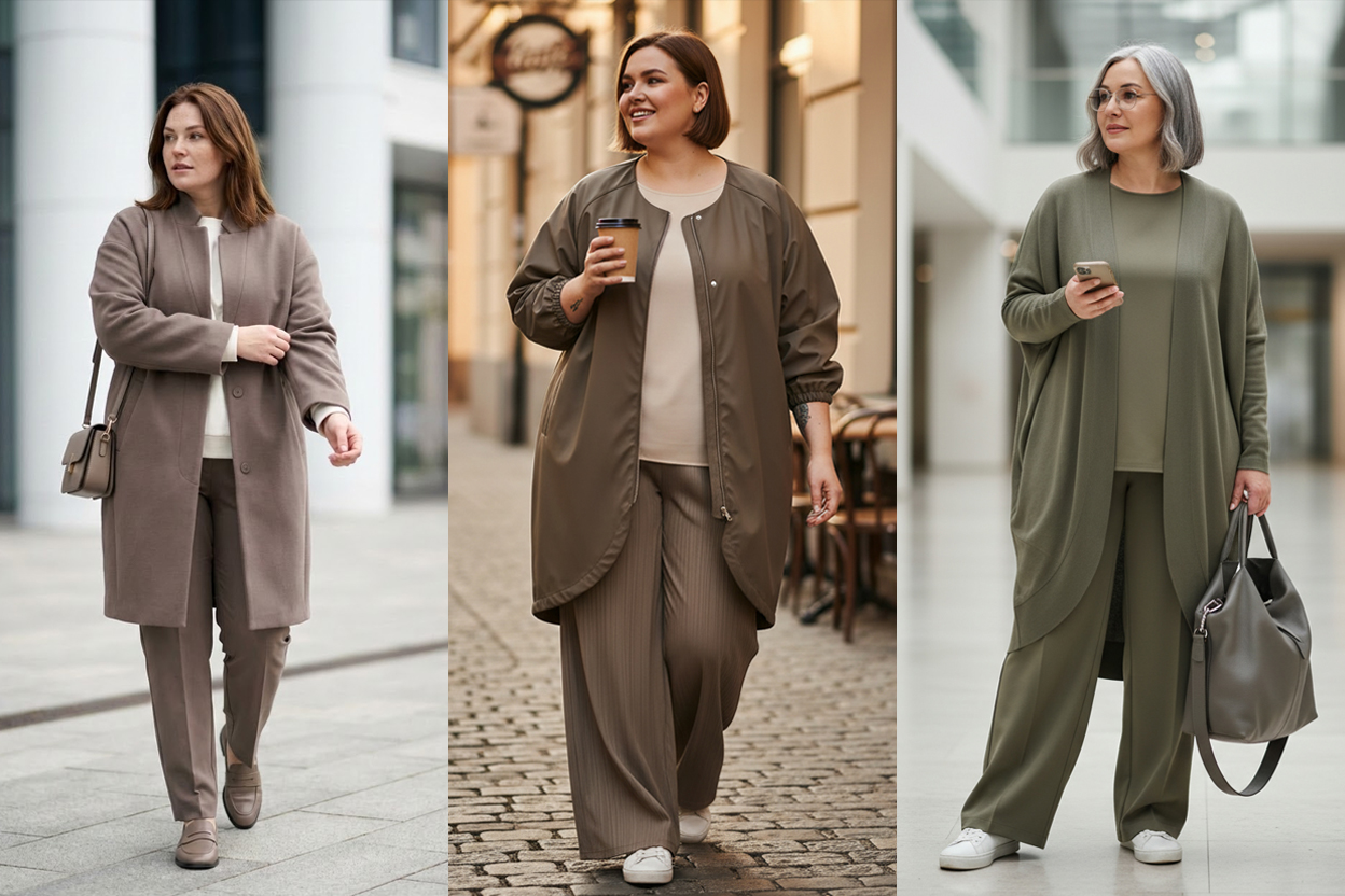 Три образи plus size у силуеті кокон: пальто-кокон із прямими штанами, куртка-кокон із палаццо, кокон-кардиган із монохромним комплектом