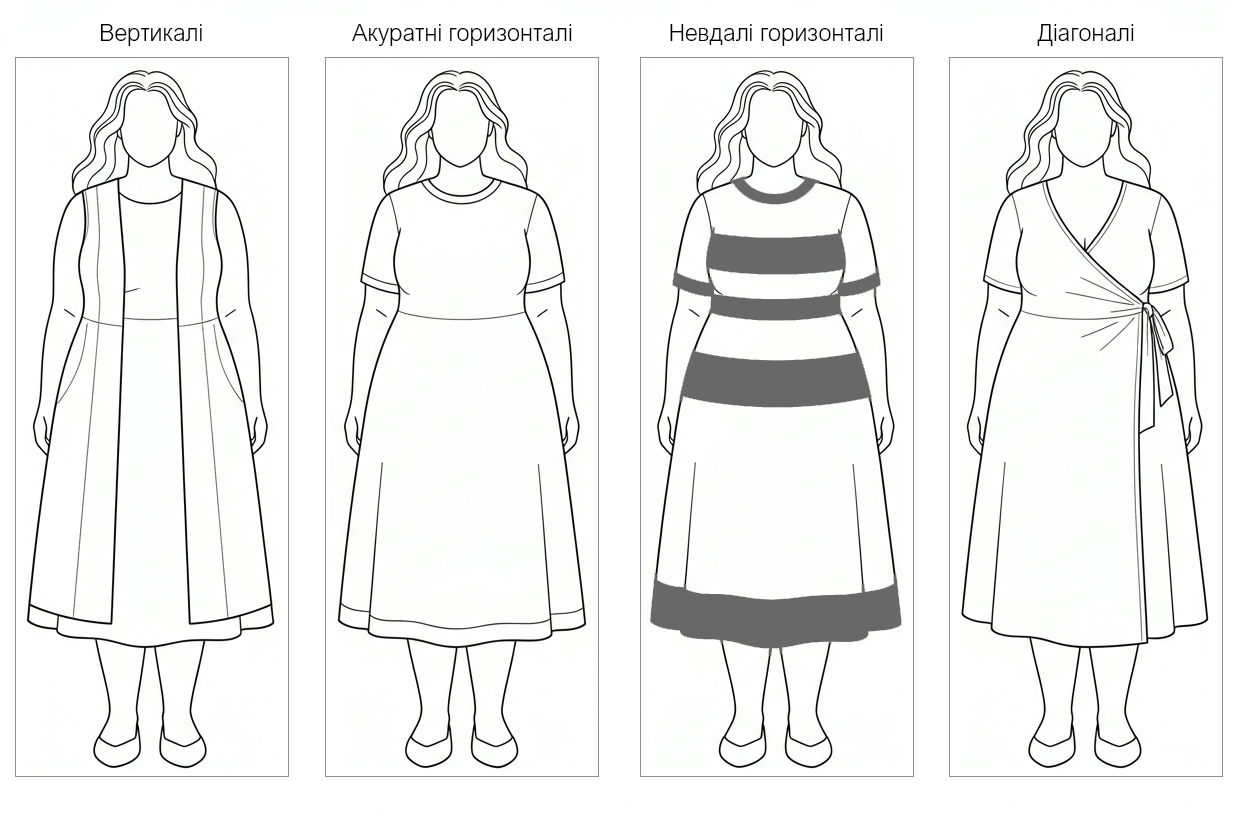 Ілюстрація для plus size: одна й та сама жінка в чотирьох образах, що показують вплив ліній на силует — вертикалі (довгий відкритий шар), акуратні горизонталі (лінії в зонах, де тіло вужче), невдалі горизонталі (смуги на найширших місцях), діагоналі (запах і лінії навскіс).
