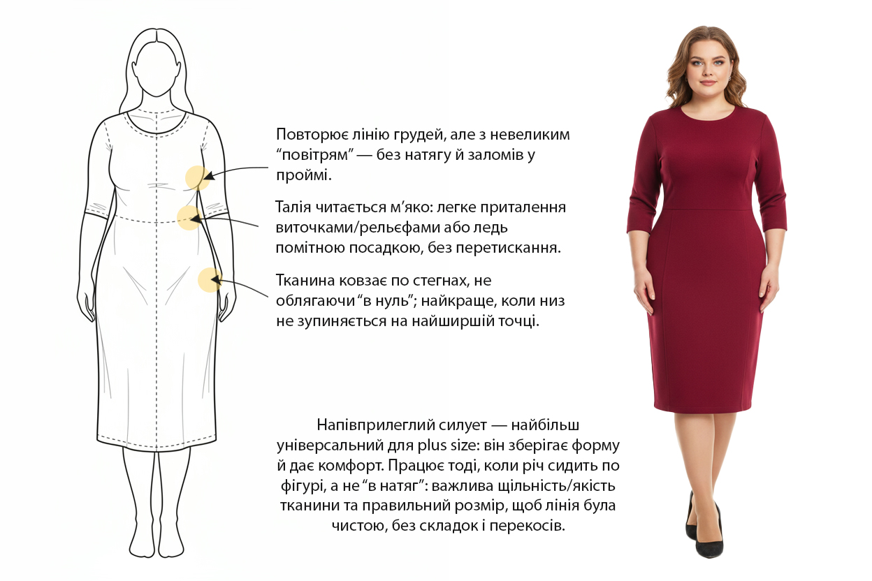 Схема напівприлеглого силуету: легкий запас між тілом і тканиною, м’яке приталення, рівна лінія по стегнах.
