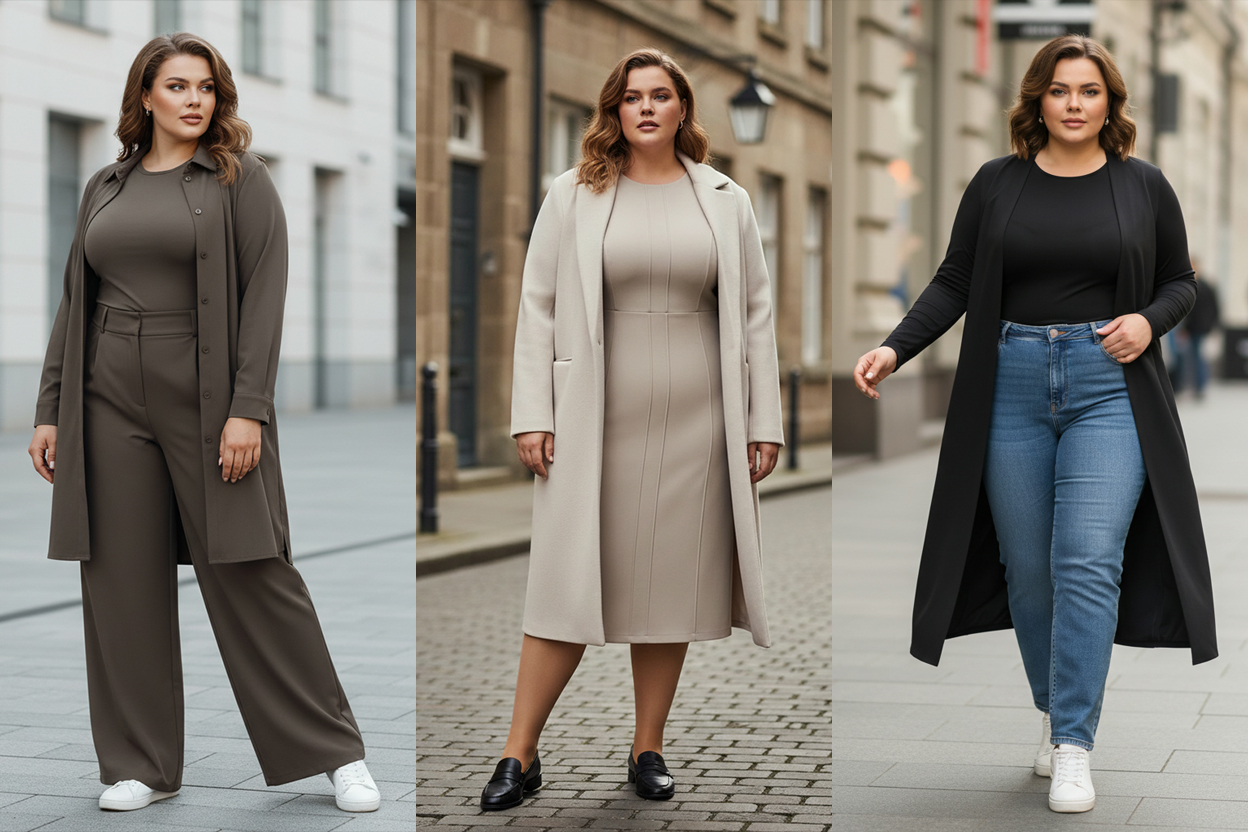 Приклади образів у напівприлеглому силуеті plus size: м’яке приталення без натягу, вертикалі та комфортна посадка.