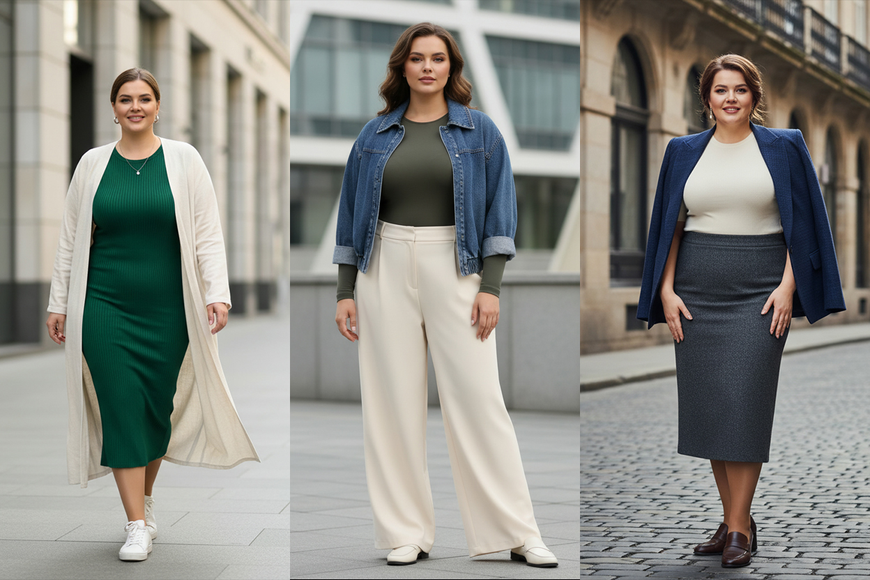 Три образи для прилеглого силуету: (1) зелена bodycon-сукня міді з довгим світлим кардиганом навстіж і білими кедами, (2) прилеглий лонг із широкими палаццо та короткою джинсовою курткою, (3) прилеглий топ зі спідницею-міді та структурним жакетом на плечах.