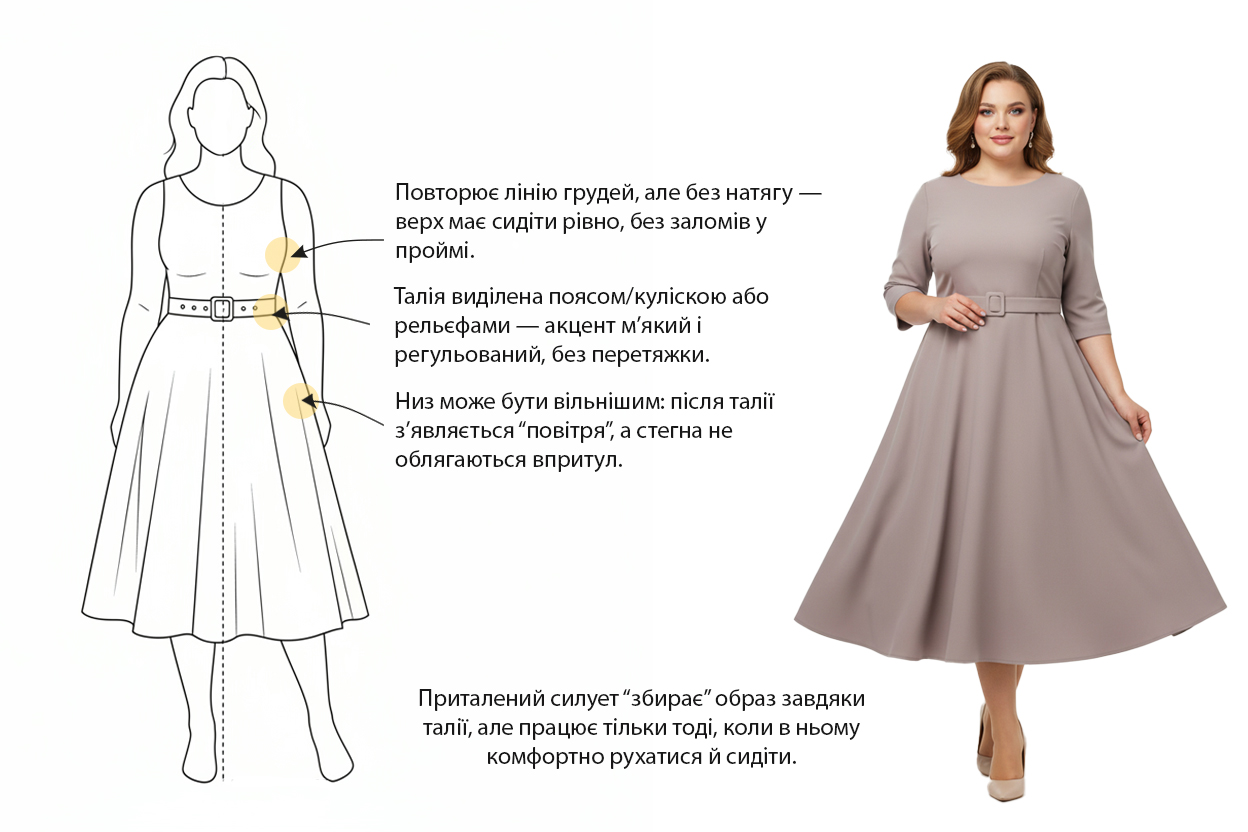 Схема приталеного силуету: акцент на талії поясом або куліскою, верх і низ збалансовані, без перетягування.