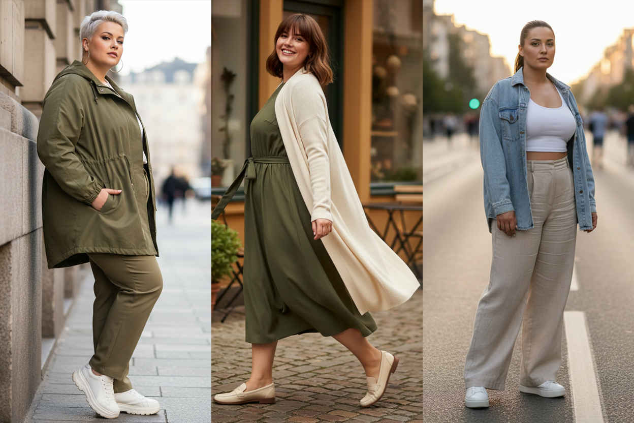 Стильні образи для plus size у приталеному силуеті: куртка з куліскою та прямими штанами, сукня з м’яким поясом і довгим кардиганом, топ з високою посадкою штанів і розстібнутою сорочкою.
