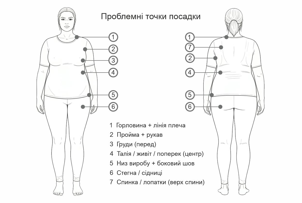 Силует жінки plus size спереду і ззаду з маркерами 1–7, що показують типові зони натягу та перекосу посадки: верх виробу, центр корпусу, боки й лінія низу.