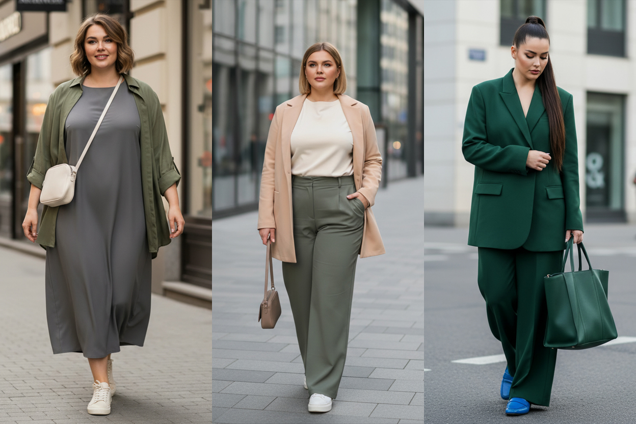 Три образи прямого силуету для plus size: міді-сукня з розстібнутою сорочкою й кедами, прямий комплект з палаццо та легким верхом, мінімалістичний костюм з одним акцентом.