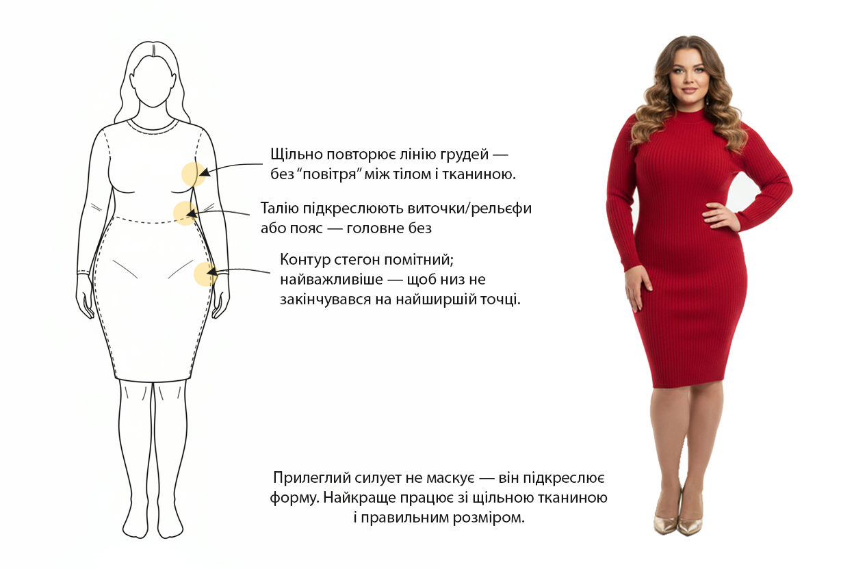 “Схема прилеглого силуету: прилягання по грудях, акцент талії та повторення лінії стегон; праворуч — приклад міді-сукні по фігурі.