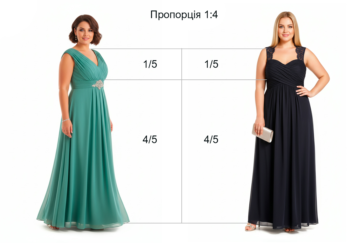 Приклад пропорції 1/5 верх + 4/5 низ (мінімум верху, максимум довжини низу) для plus size типу «яблуко»: сукня з членуванням під грудьми довжиною до щиколотки.