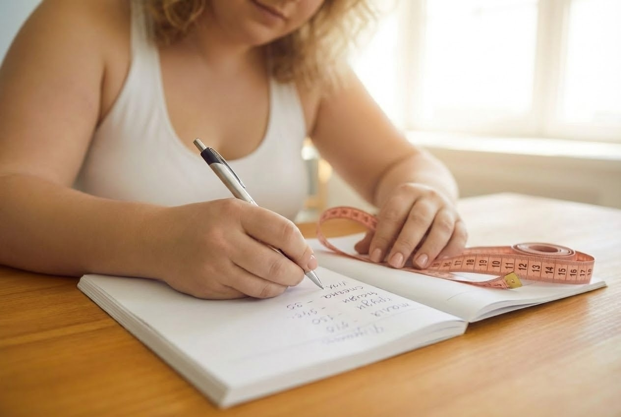 Блокнот і сантиметрова стрічка — приклад, як записувати мірки для онлайн-покупок