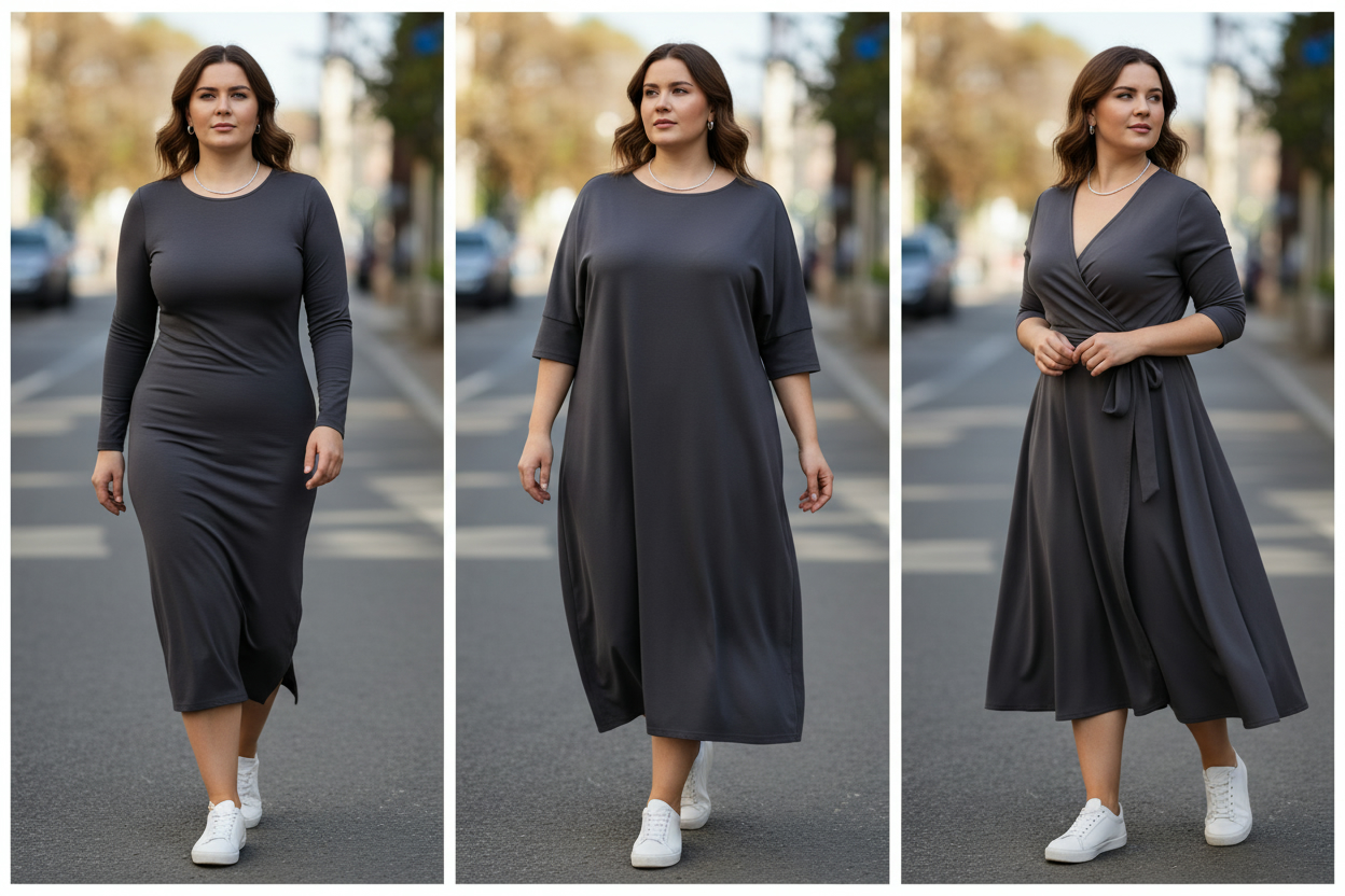 Порівняння трьох силуетів на одній plus size моделі: прилягаюча сукня міді, прямий оверсайз і А-силует із запахом, усі образи з білими кедами.