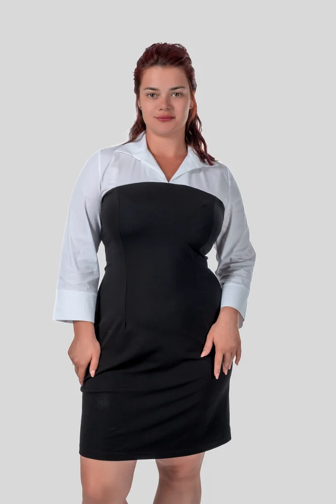 Fitted plus size dress with collar, V-neck and cuffs, poplin + diving fabric — photo 6 (665x998)