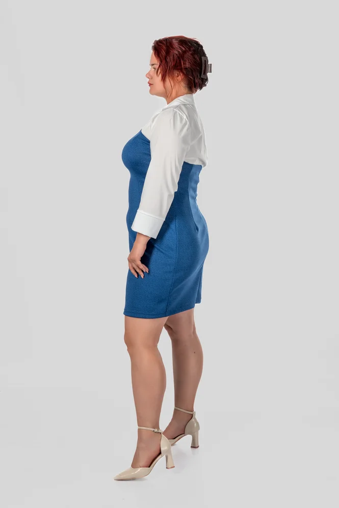 Fitted plus size dress with collar, V-neck and cuffs, poplin + diving fabric — photo 4 (665x998)