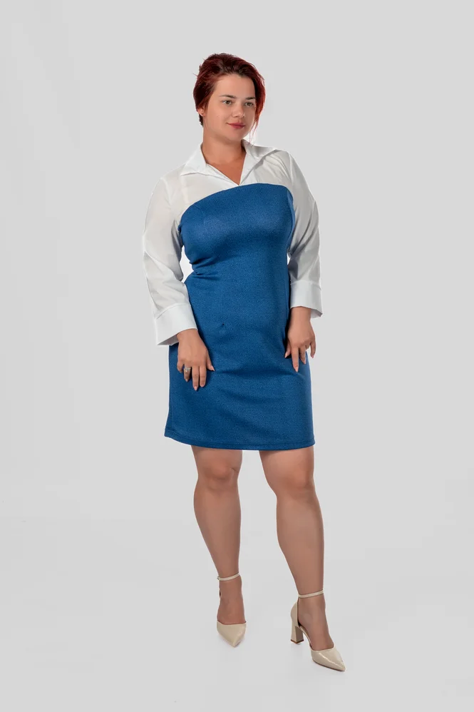 Fitted plus size dress with collar, V-neck and cuffs, poplin + diving fabric — photo 5 (665x998)