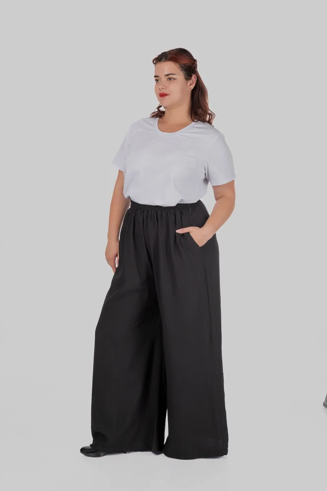 Жіночі літні штани палаццо plus size з віскози жатки з поясом на резинці MAREN (чорний) — фото 8 (665x998)