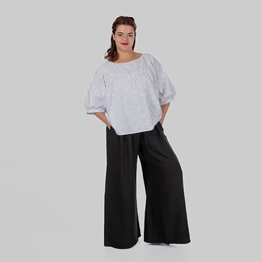 Жіночі літні штани палаццо plus size з віскози жатки з поясом на резинці MAREN (чорний)