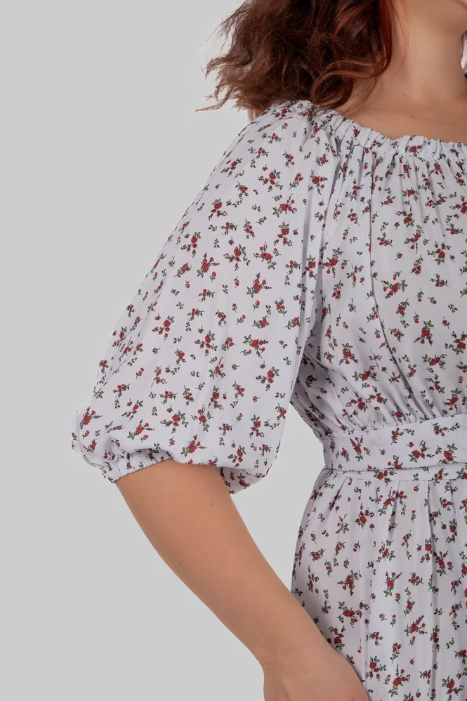 Жіноча літня сукня максі plus size зі штапелю з відкритими плечима, поясом і квітковим принтом MIREYA (білий) — фото 6 (665x998)
