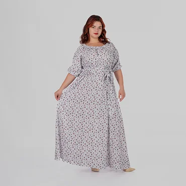Жіноча літня сукня максі plus size зі штапелю з відкритими плечима, поясом і квітковим принтом MIREYA (білий)