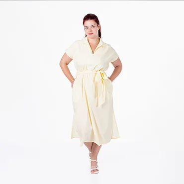Легка літня сукня міді plus size з поясом, коміром, V-вирізом і кишенями, поплін 100% бавовна Raven Light (вершковий)