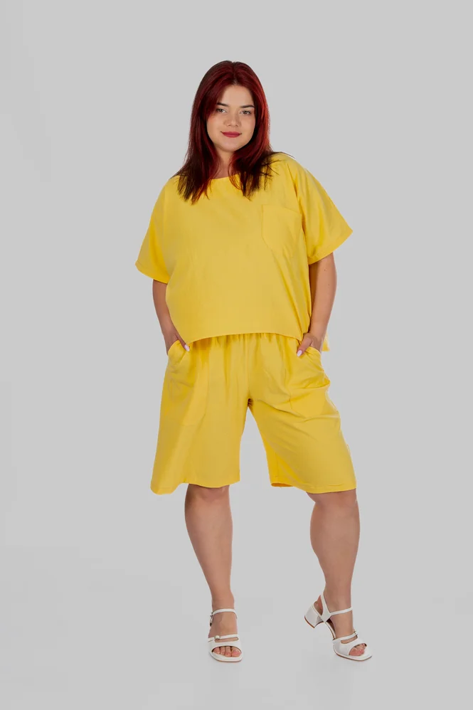 Жіночі подовжені літні шорти plus size з натуральної бавовни SAGA (жовтий) — фото 3 (665x998)