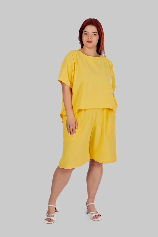 Жіночі подовжені літні шорти plus size з натуральної бавовни SAGA (жовтий) — фото 2 (665x998)