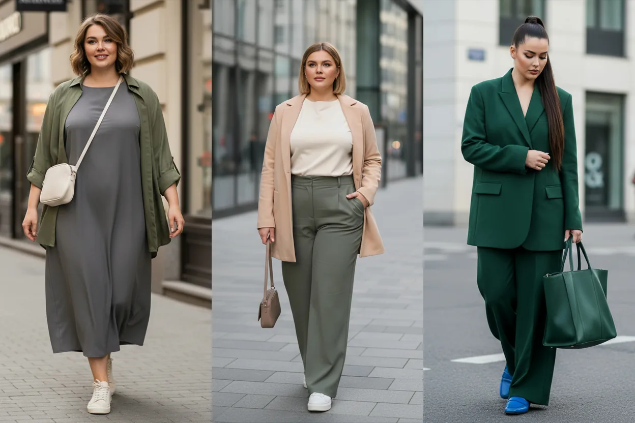 Три образи прямого силуету для plus size: міді-сукня з розстібнутою сорочкою й кедами, прямий комплект з палаццо та легким верхом, мінімалістичний костюм з одним акцентом.