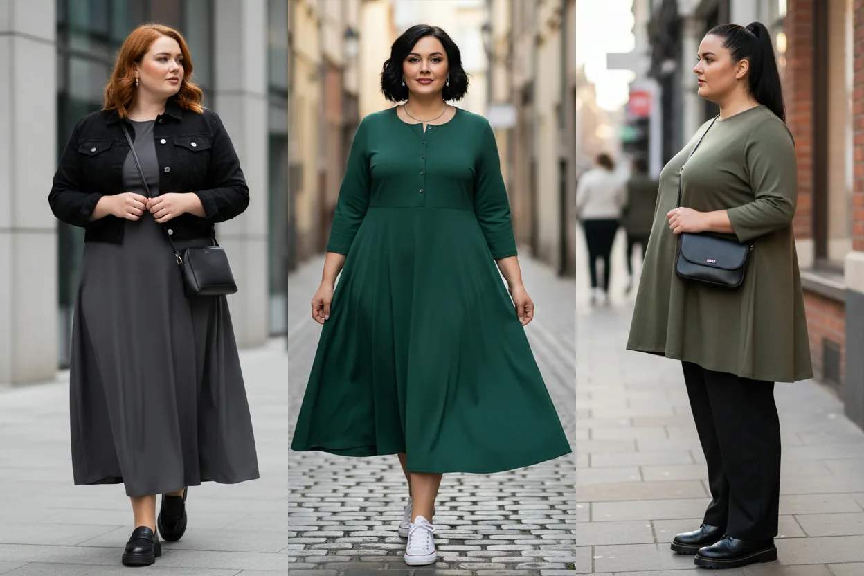 Три жінки plus size на міській вулиці в образах А-силуету: зліва — сіра міді-сукня з короткою чорною курткою й сумкою, по центру — зелена А-сукня міді з планкою та кедами, справа — оливкова А-туніка з прямими чорними штанами й кросбоді.