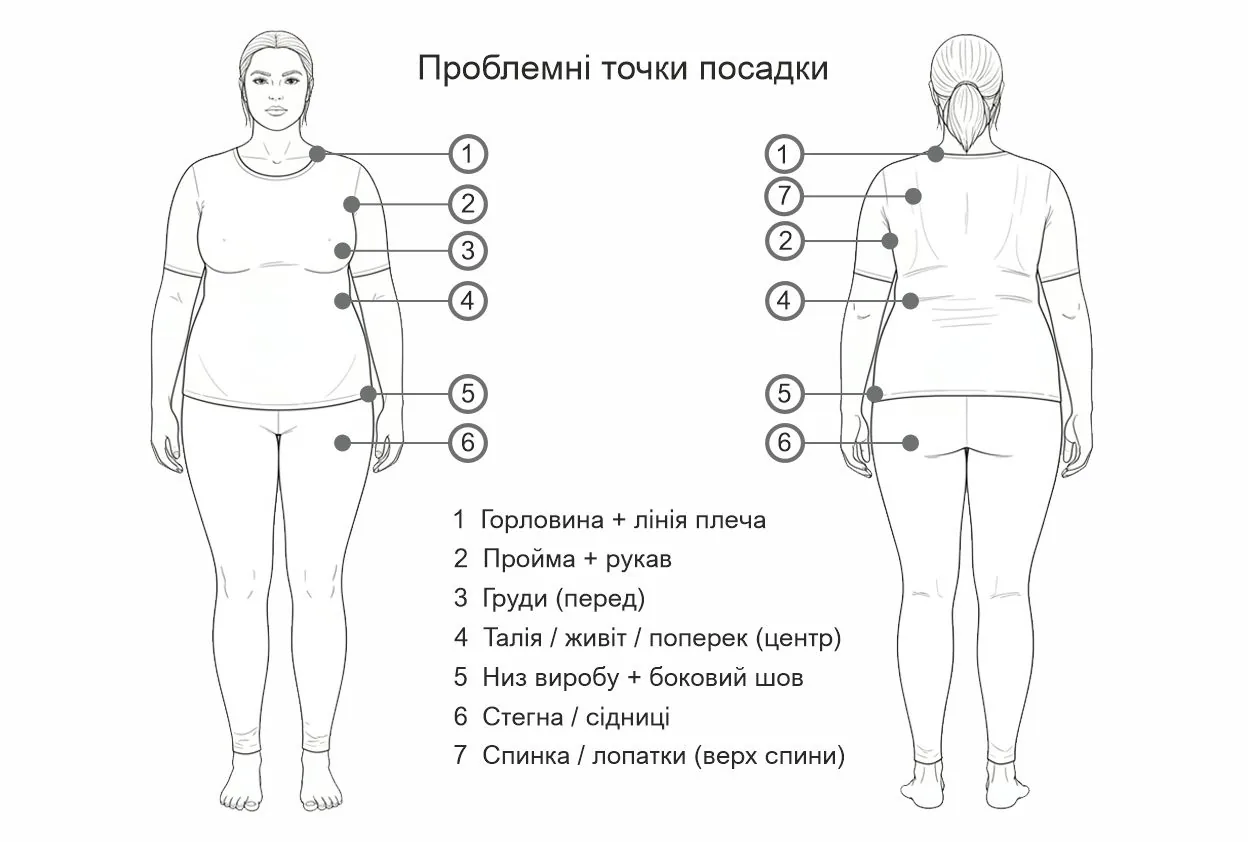Силует жінки plus size спереду і ззаду з маркерами 1–7, що показують типові зони натягу та перекосу посадки: верх виробу, центр корпусу, боки й лінія низу.