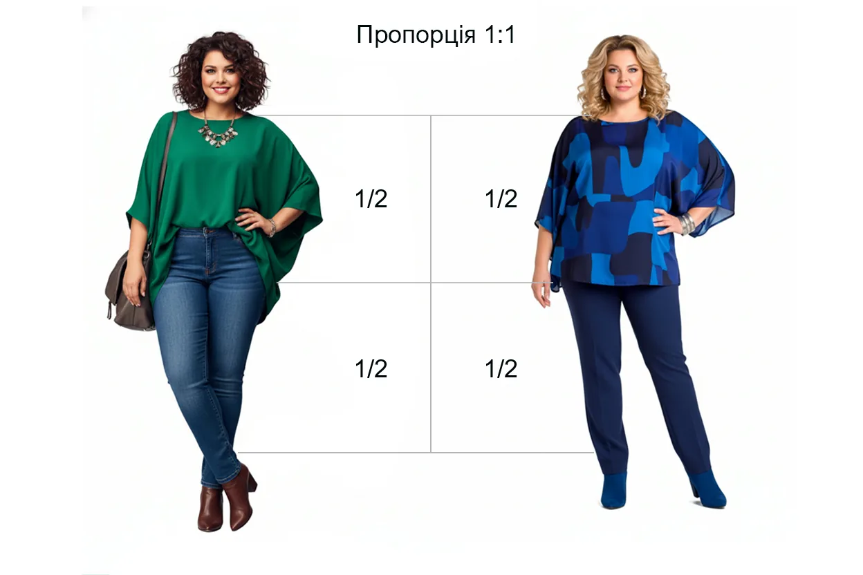Приклад пропорції 1:1 (верх ≈ низ) для plus size типу «яблуко»: подовжений верх навипуск і брюки з рівною видимою довжиною.