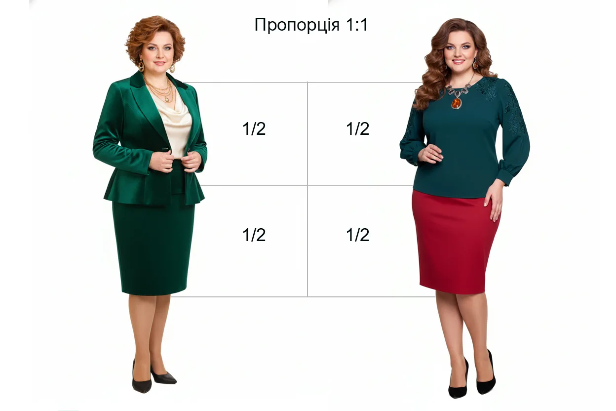 Приклад пропорції 1:1 (верх ≈ низ) для plus size типу «яблуко»: верх середньої довжини навипуск і спідниця до коліна з рівним співвідношенням довжин.