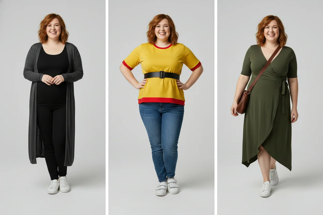 plus size жінка з фігурою «яблуко» у трьох образах — довга вертикаль (кардиган), горизонтальний акцент (пояс), діагональ (сукня на запах).