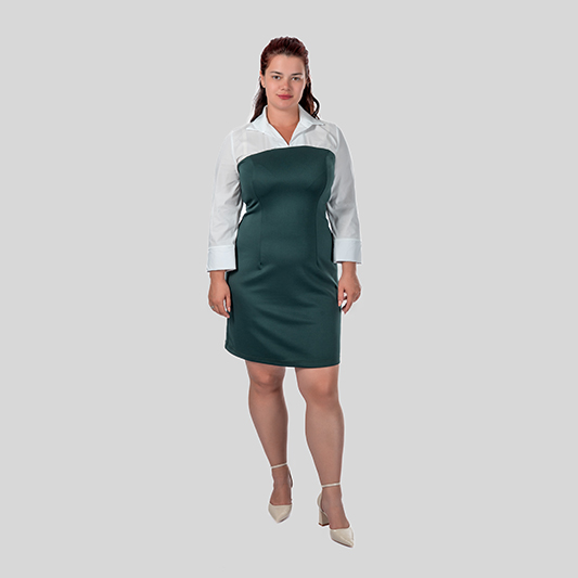 Fitted plus size dress with collar, V-neck and cuffs, poplin + diving fabric