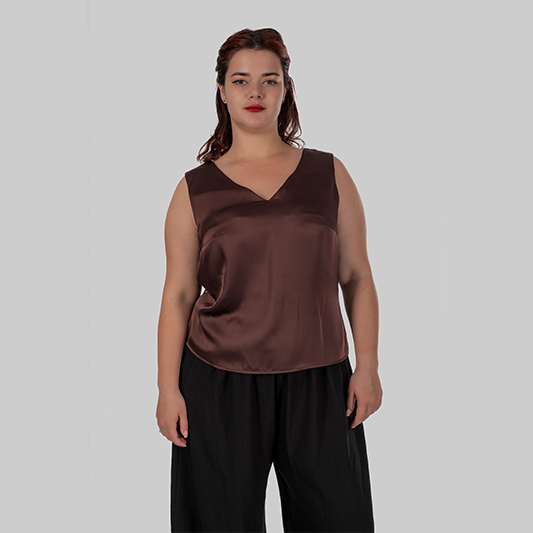 women's plus size silky top with wide straps and a V-neck