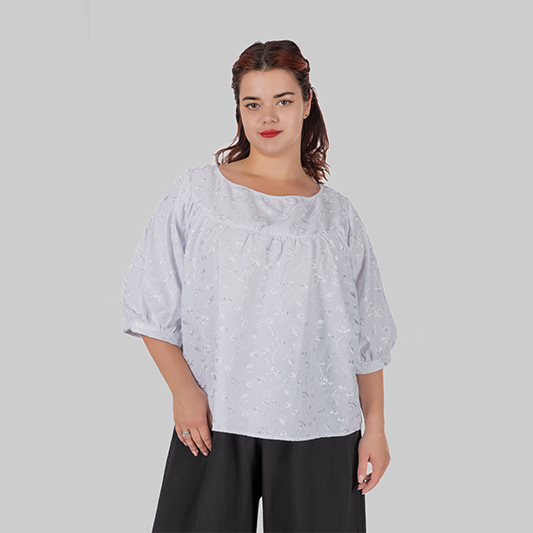 women's plus size cotton blouse with embroidery and puff sleeves