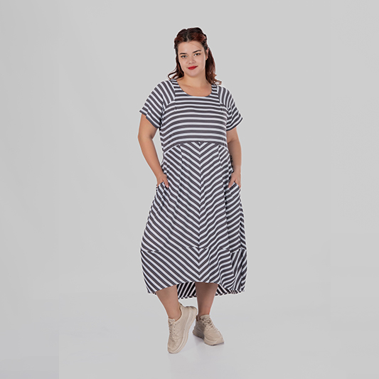 women's plus size striped cocoon midi dress with pockets and an asymmetric hem