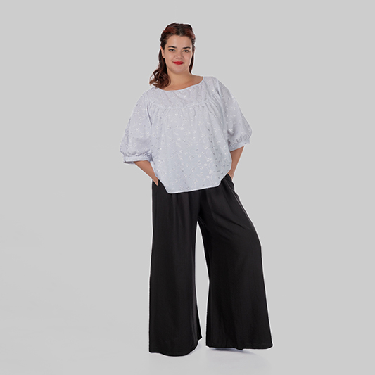 women's plus size summer palazzo trousers in crinkle viscose with an elastic drawstring waist