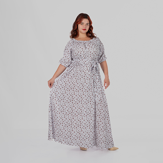 Women's plus size summer maxi dress in rayon with off-shoulder neckline, belt and floral print